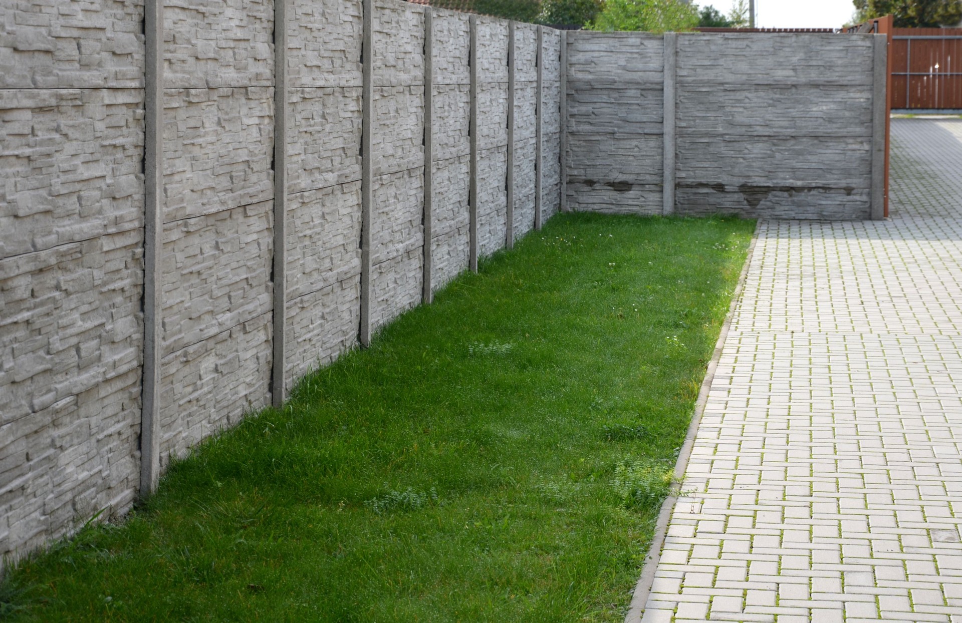 fencing with a gray panel fence in the garden with a lawn and concrete interlocking paving. A panel fence is the best protection against noise and creates privacy against neighbors and sneakers